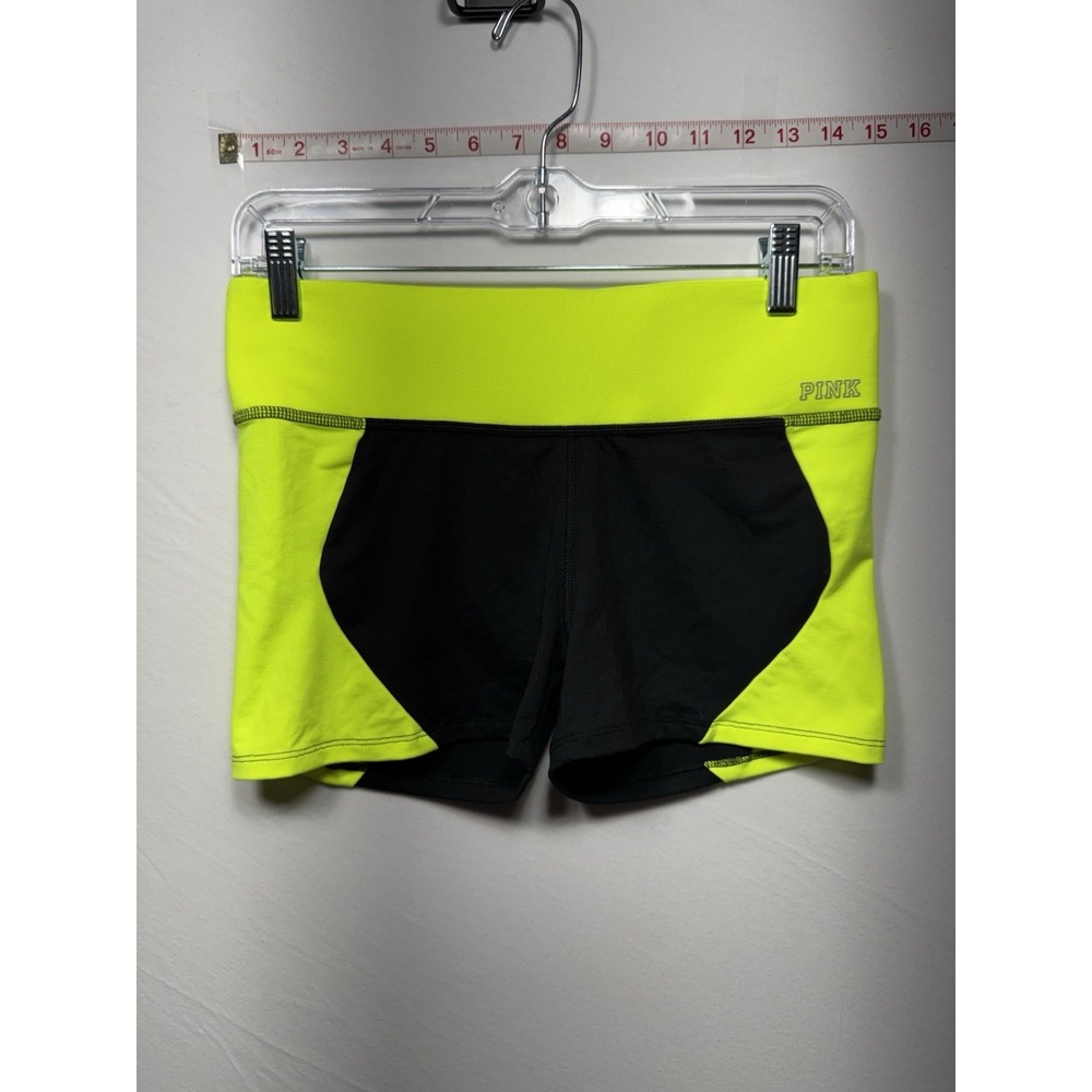 VS Pink Ultimate Yoga Biker Shorts, Black and Neon, Size Small